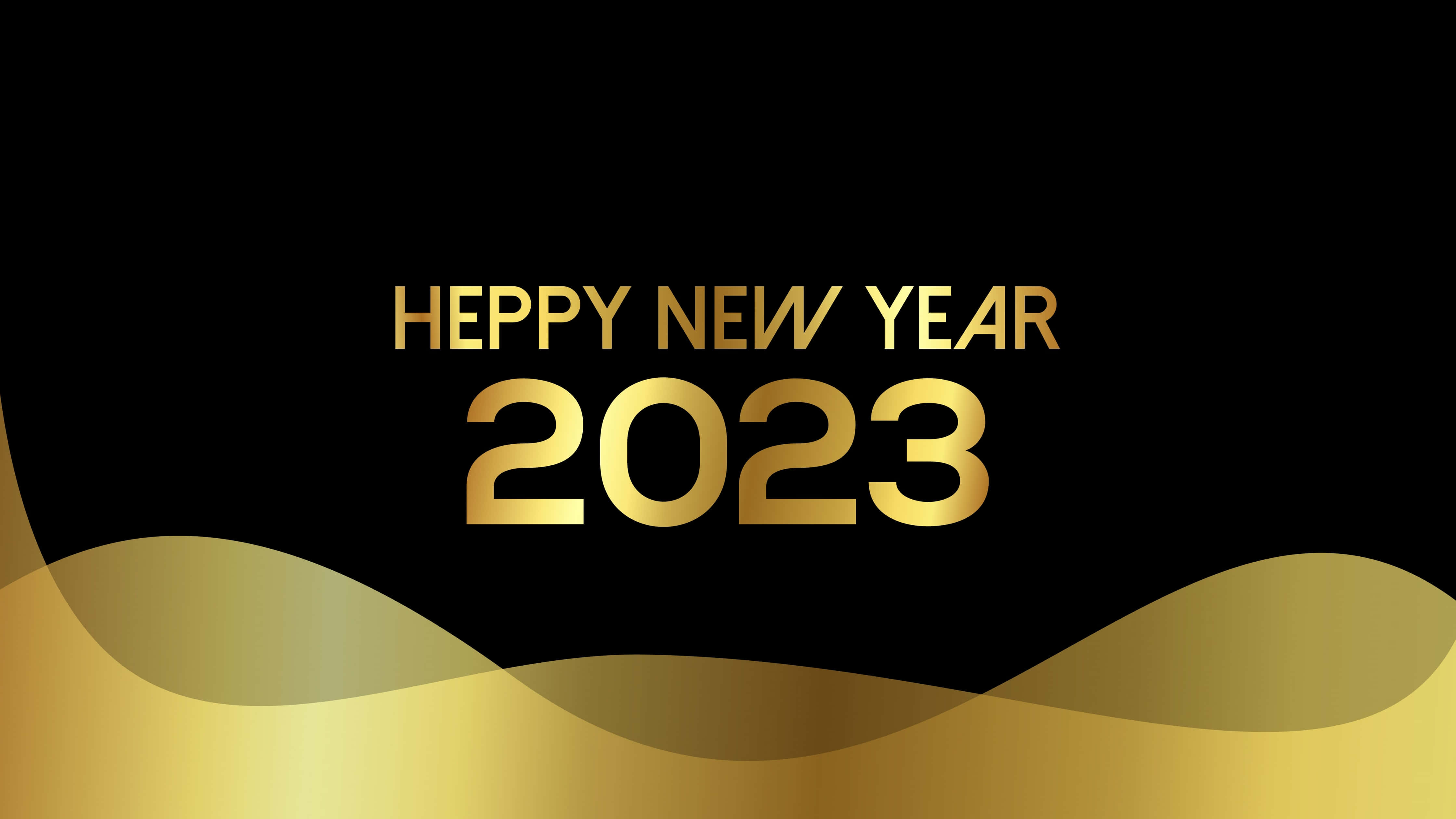 新年 桌布 壁紙 — 金色的「Happy New Year 2023」文字在黑色背景上閃耀，下方有流動的金色波浪圖案。