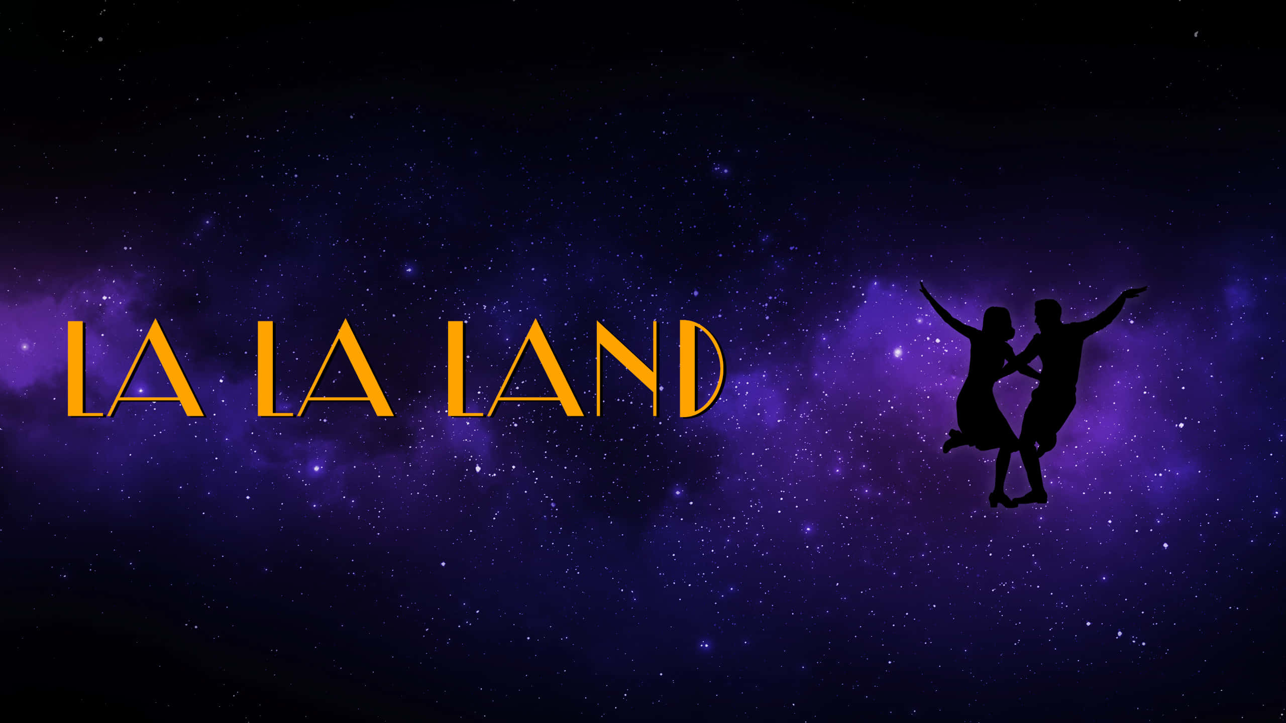 La La Land 4K 桌布 壁紙 — 金色的 'La La Land' 標題在佈滿星星的紫色銀河中發光，剪影舞者快樂地跳躍穿過太空。