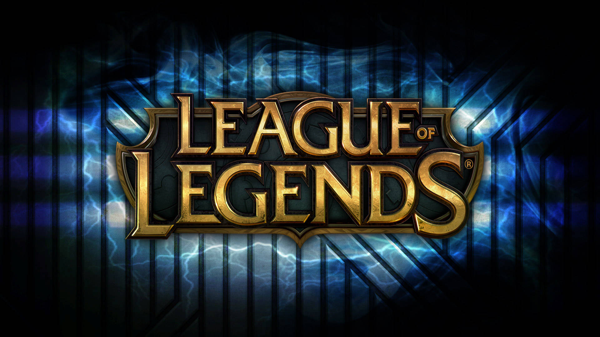背景 桌布 壁紙 — 金色的 'League of Legends' 標誌在深藍色電光背景和垂直金屬條上發光。