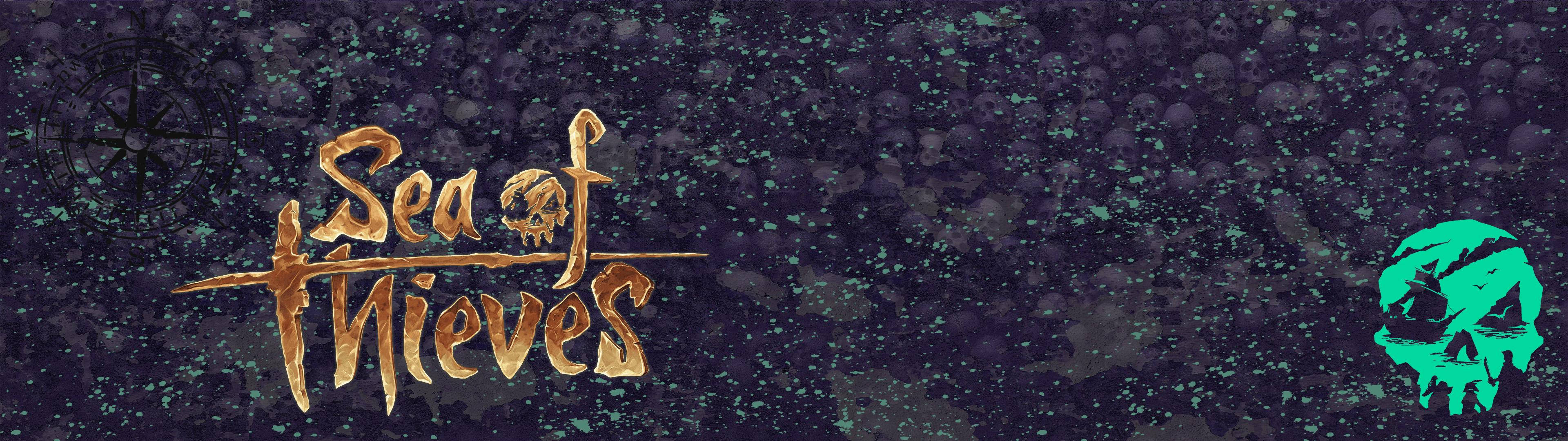 Dual 桌布 壁紙 — 金色的「Sea of Thieves」標誌與骷髏頭徽章在帶有青綠色和紫色斑點的深色紋理背景上發光。