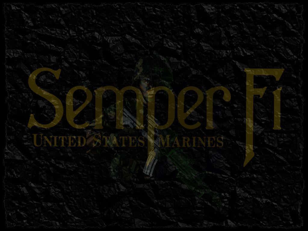 Marine 桌布 壁紙 — 金色的 'Semper Fi' 文字疊加在一個模糊的士兵剪影上，背景是有紋理的黑色。