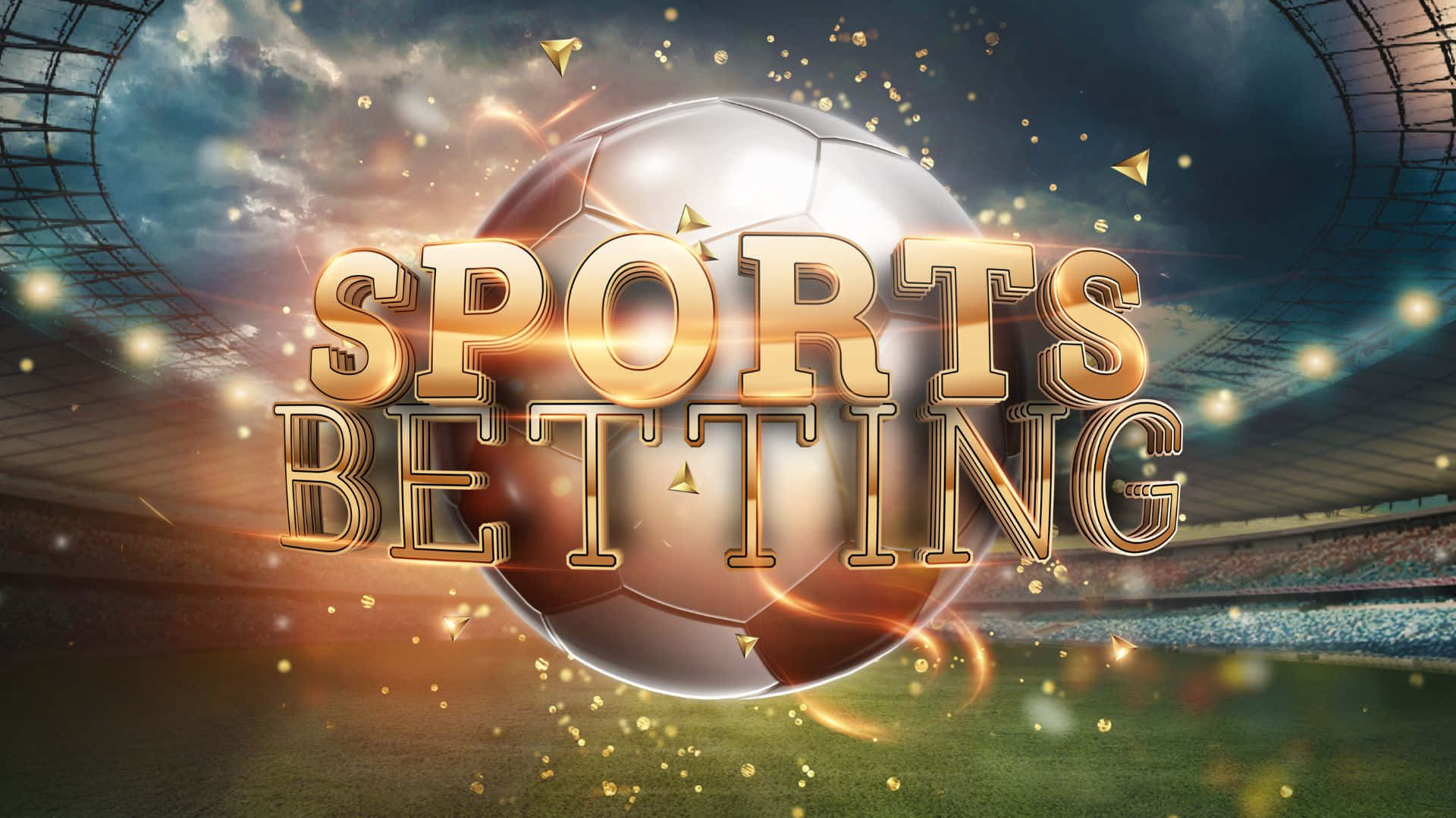 運動 桌布 壁紙 — 金色的「SPORTS BETTING」文字在一個體育場內，在戲劇性的日落天空下，在一個足球上方發光。