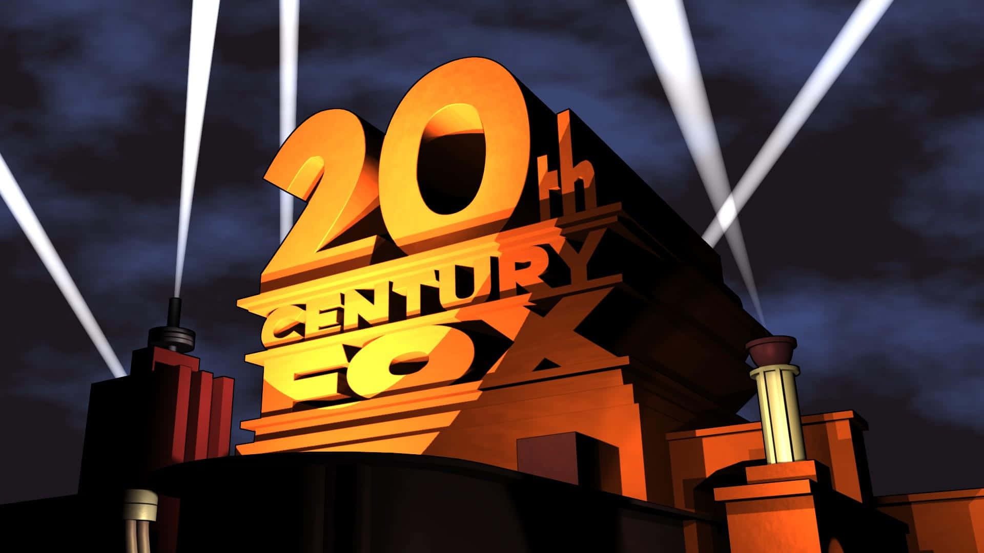 標誌 桌布 壁紙 — 金色的20th Century Fox標誌在黑暗多雲的夜空下被聚光燈照亮。
