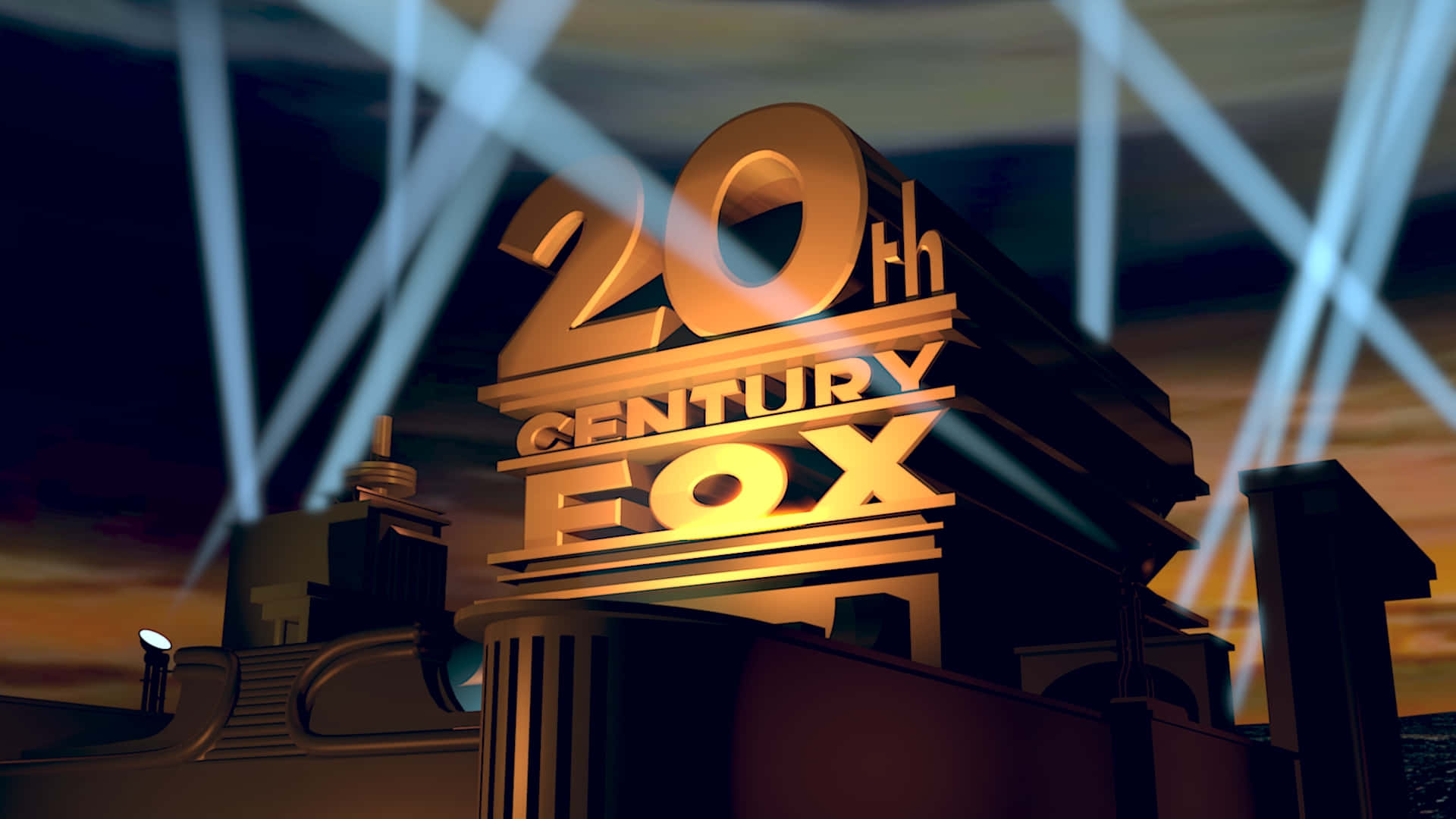 標誌 桌布 壁紙 — 金色的20th Century Fox標誌在暮色天空下被光線照亮。