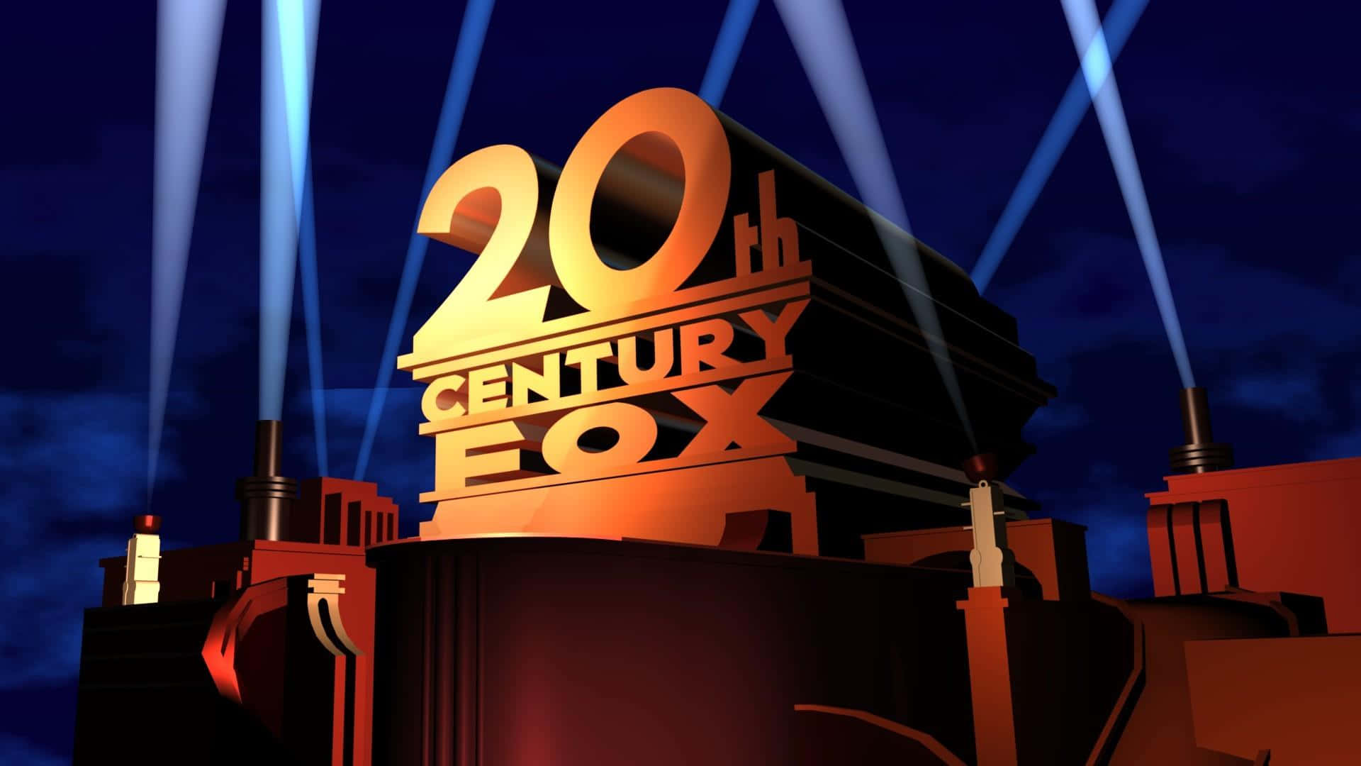 標誌 桌布 壁紙 — 金色的20th Century Fox標誌在黑暗的夜空中被藍色聚光燈照亮。