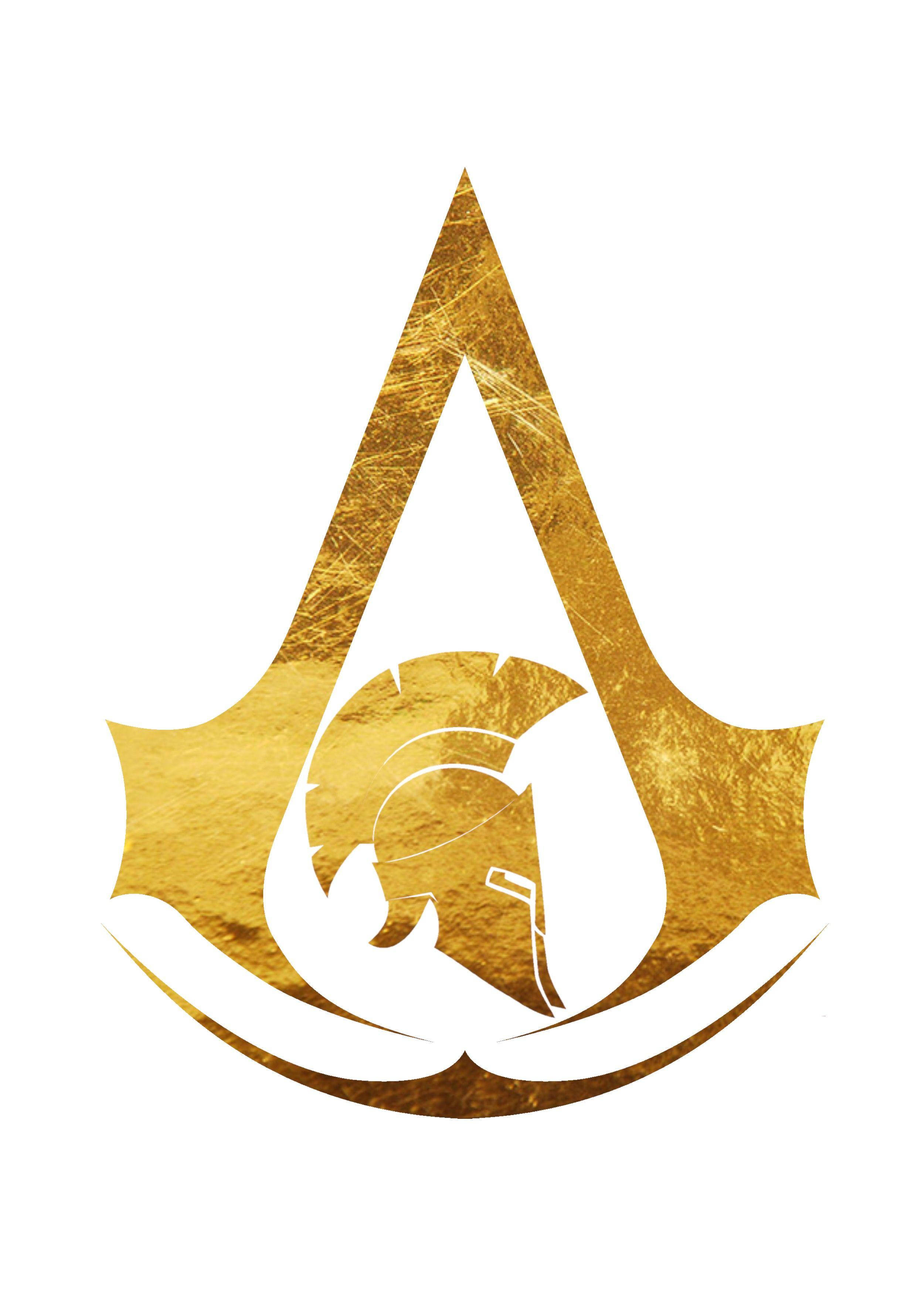 creed 桌布 壁紙 — 金色的Assassin's Creed標誌，帶有紋理金屬光澤，內部有白色斯巴達頭盔剪影。