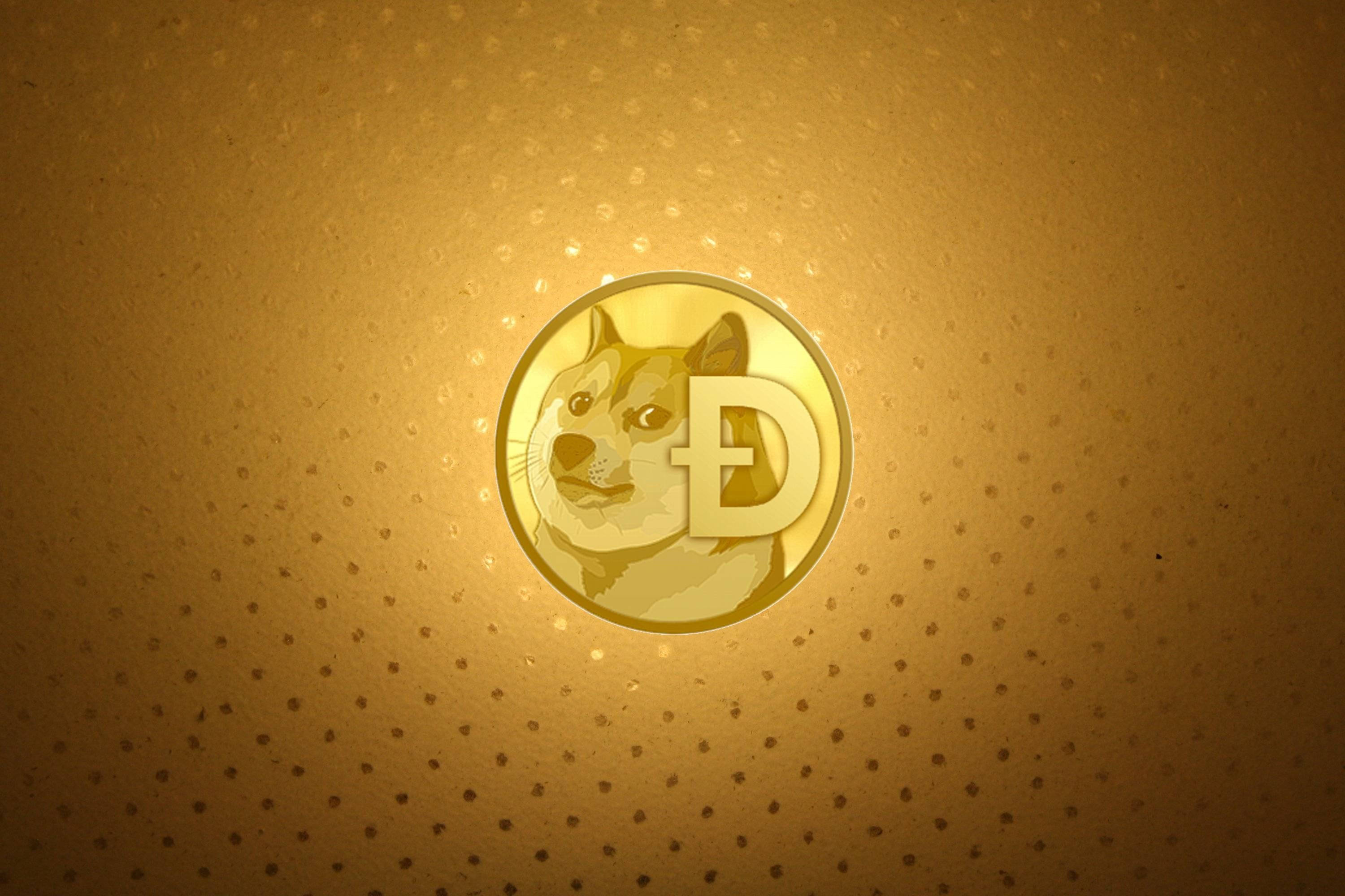 Cryptocurrency 桌布 壁紙 — 金色的Dogecoin標誌在帶有紋理的穿孔金色背景上溫暖地發光。