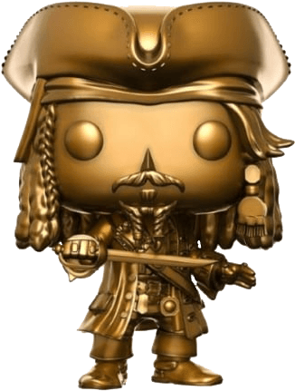傑克·史派羅 桌布 壁紙 — 金色的Funko Pop公仔，傑克·史派羅船長手持劍，穿著詳細的海盜服裝和三角帽。