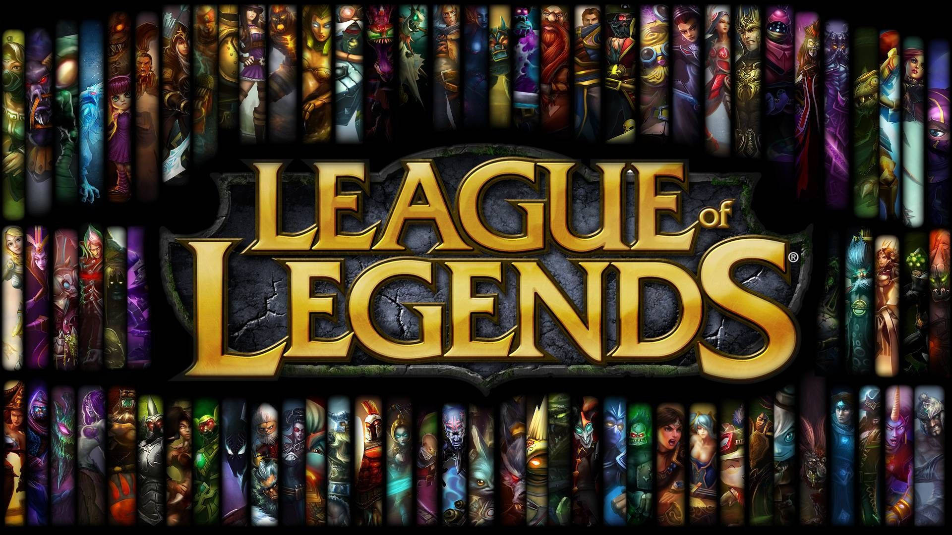 高清 桌布 壁紙 — 金色的League of Legends標誌置中，垂直條紋上鮮明的角色肖像在深色背景上。
