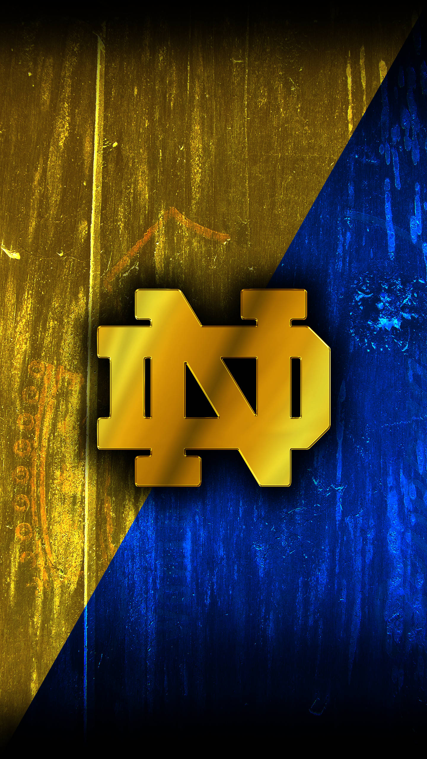 Notre Dame Football 桌布 壁紙 — 金色的Notre Dame標誌在分開的金色和藍色紋理背景上閃耀，帶有磨損效果。