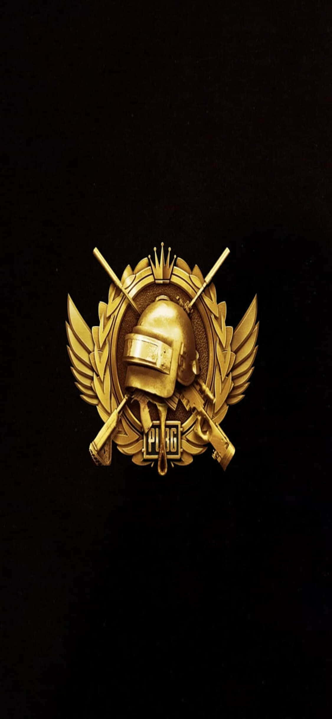 Playerunknown's Battlegrounds 桌布 壁紙 — 金色的PUBG標誌，中央有頭盔和交叉的槍，背景為黑色。