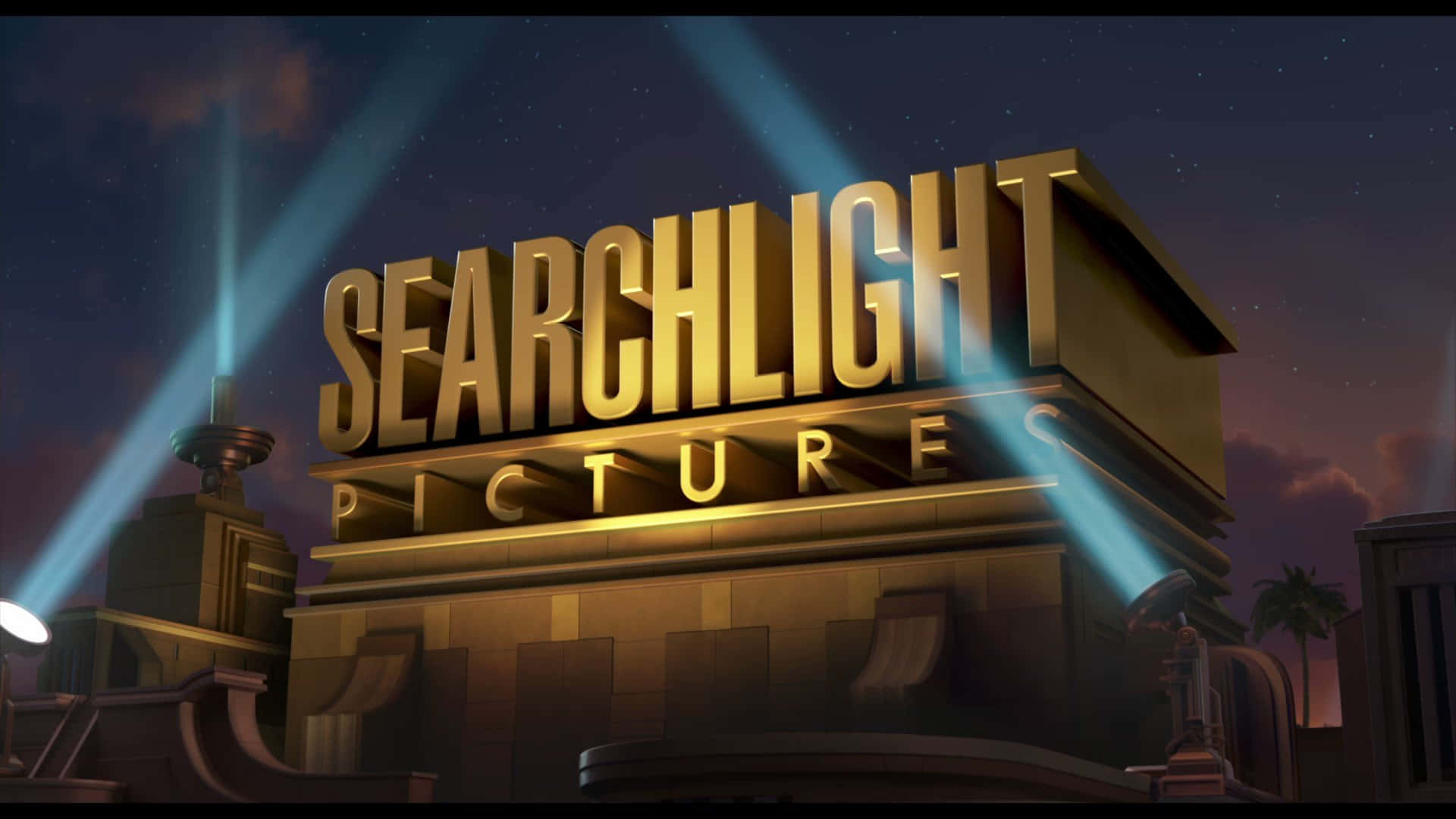 Searchlight 桌布 壁紙 — 金色的Searchlight Pictures標誌在星光暮色天空下被光束照亮，並有棕櫚樹。