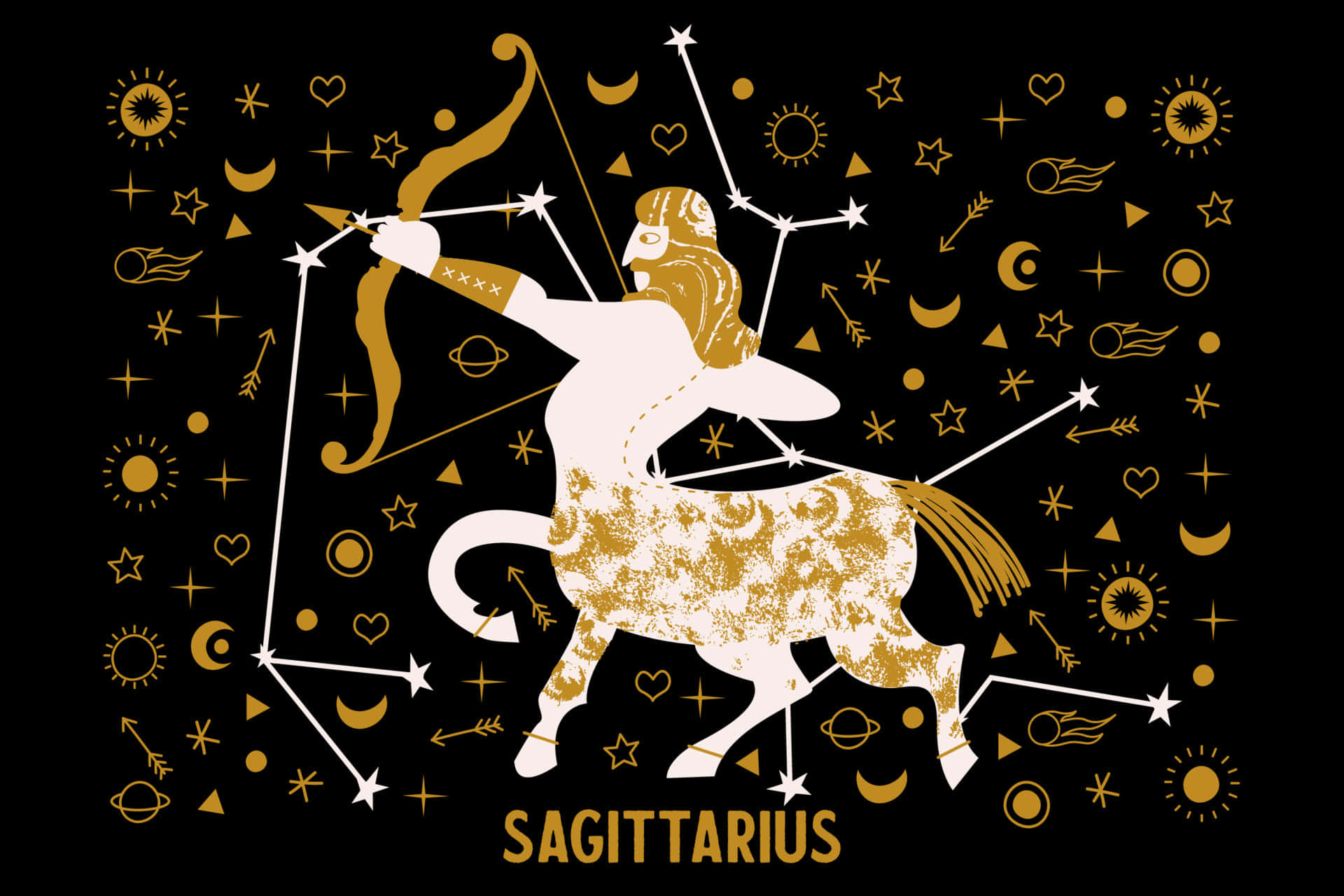 sagittarius 桌布 壁紙 — 金色的人馬座弓箭手騎著半人馬，背景為黑色，飾有天體符號和星座。