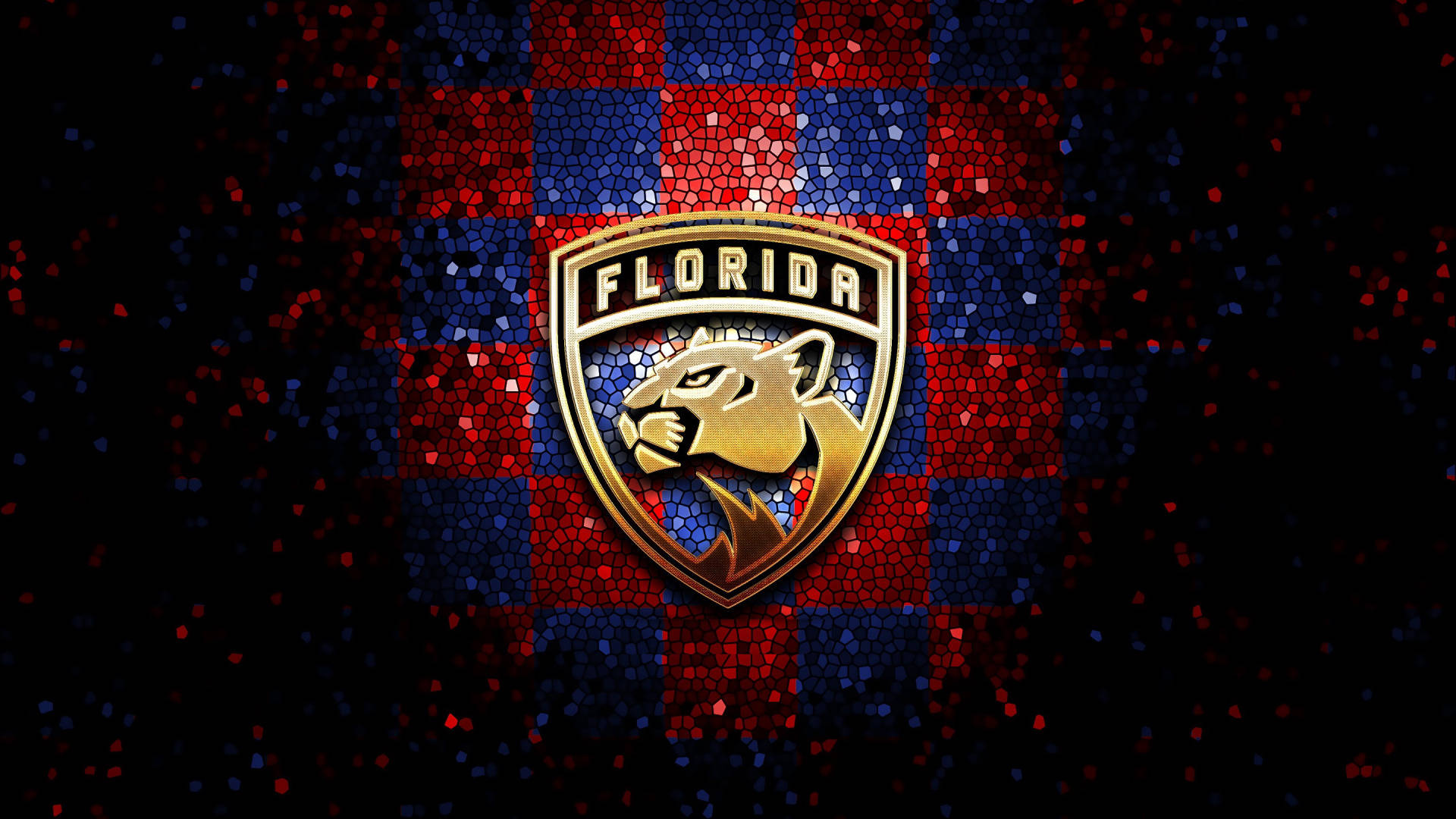 florida 桌布 壁紙 — 金色的佛羅里達黑豹隊標誌在紅藍格子馬賽克背景上閃耀，並帶有閃爍的粒子。