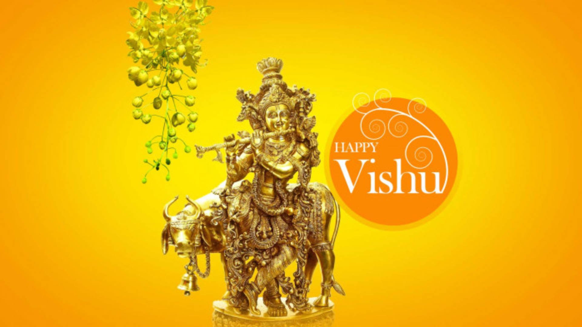 Happy Vishu 桌布 壁紙 — 金色的克里希納神像，坐在公牛上吹笛，背景是耀眼的黃色，有「Happy Vishu」文字和懸掛的花枝。