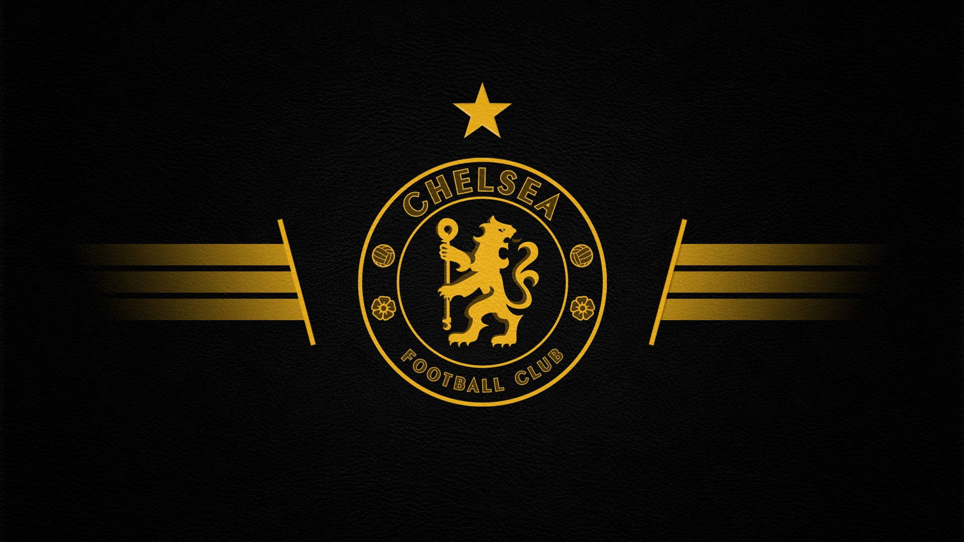 chelsea fc logo 桌布 壁紙 — 金色的切爾西足球俱樂部徽章在帶有星星和條紋的紋理黑色皮革背景上閃耀。
