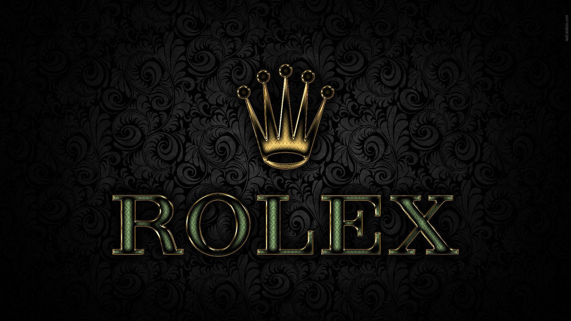 Rolex 桌布 壁紙 — 金色的勞力士皇冠和標誌在華麗的黑色織錦壁紙背景上閃耀。