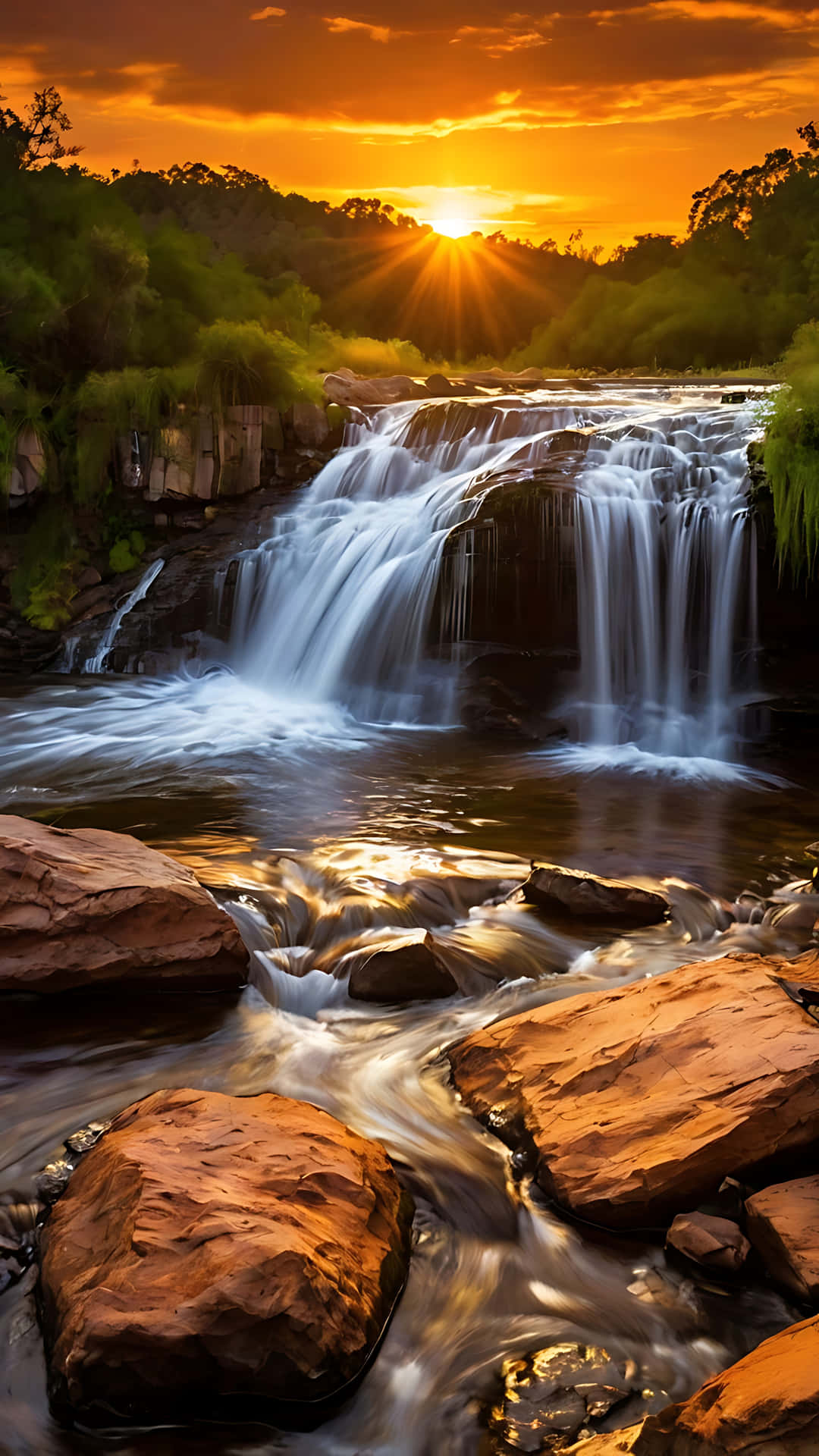Majestic Waterfall Glow Under Sunset Skies. smartphone wallpaper 壁紙 — 金色的夕陽照亮了瀑布，水流從長滿苔蘚的岩石上傾瀉而下，周圍是茂密的綠色森林。