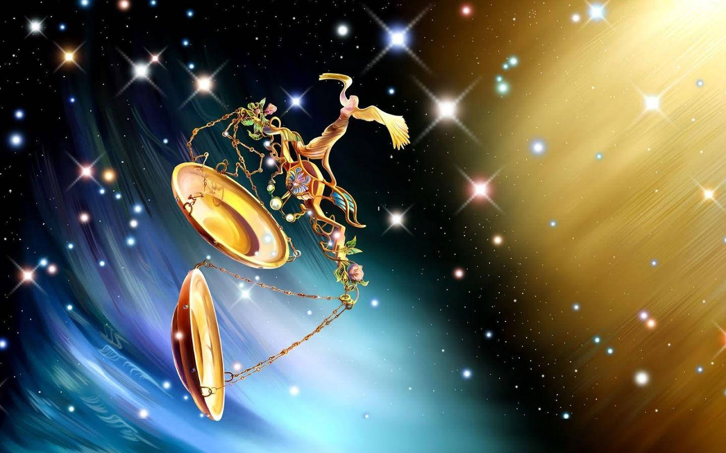 zodiac 桌布 壁紙 — 金色的天秤座秤在充滿活力的宇宙漩渦中漂浮，其中有星星和燦爛的藍金漸變色。