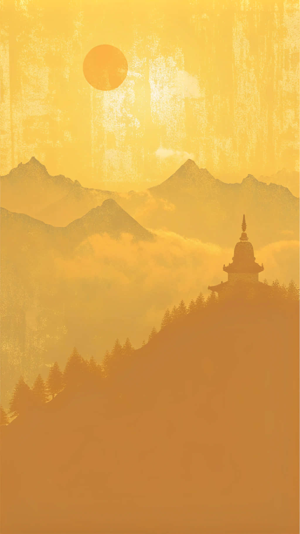 Yellow Abstract 桌布 壁紙 — 金色的太陽懸掛在霧氣瀰漫的山巒之上，樹木繁茂的山坡上有一座寺廟的剪影。