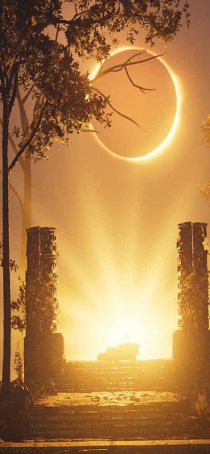 Eclipse 桌布 壁紙 — 金色的日環蝕框住一個石拱門，樹木在光芒中呈現剪影。
