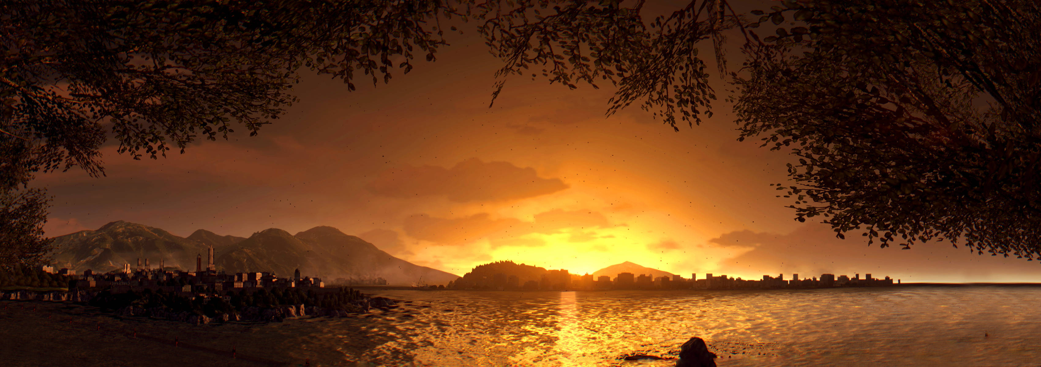 Dying Light 桌布 壁紙 — 金色的日落照耀在平靜的湖面上，由樹枝剪影框住，遠處有山脈和城市景觀。