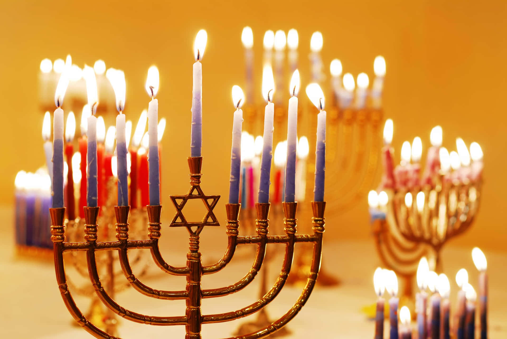 金色的燭台（Menorah）上點燃了蠟燭，用於慶祝光明節。 — 光明節 GIF 壁紙