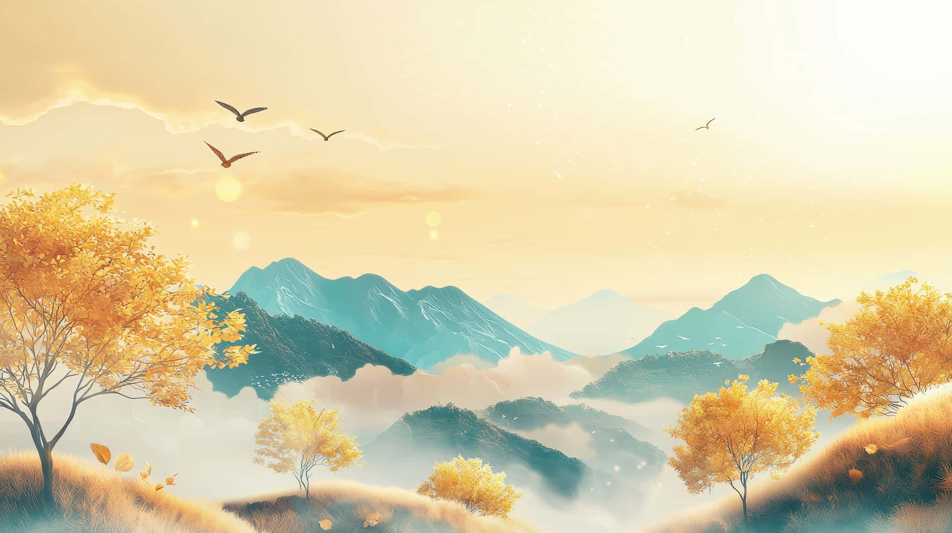 A peaceful autumn landscape featuring golden trees, misty mountains, and birds soaring 壁紙 — 金色的秋樹點綴著起伏的山丘，鳥兒在霧氣瀰漫的藍綠色山脈上空翱翔，天空溫暖而閃耀。