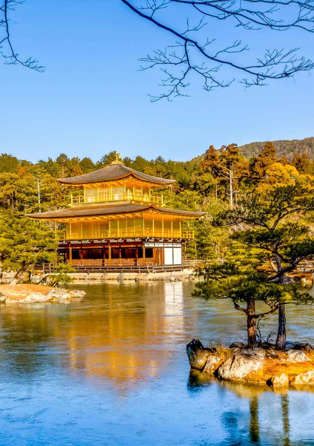 日本 桌布 壁紙 — 金色的金閣寺在平靜的水面上倒映，周圍是秋天的樹木，天空晴朗蔚藍。
