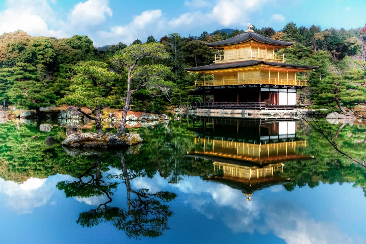 日本 桌布 壁紙 — 金色的金閣寺在平靜的水面上完美倒映，周圍是茂密的綠樹，襯托著明亮的藍天。