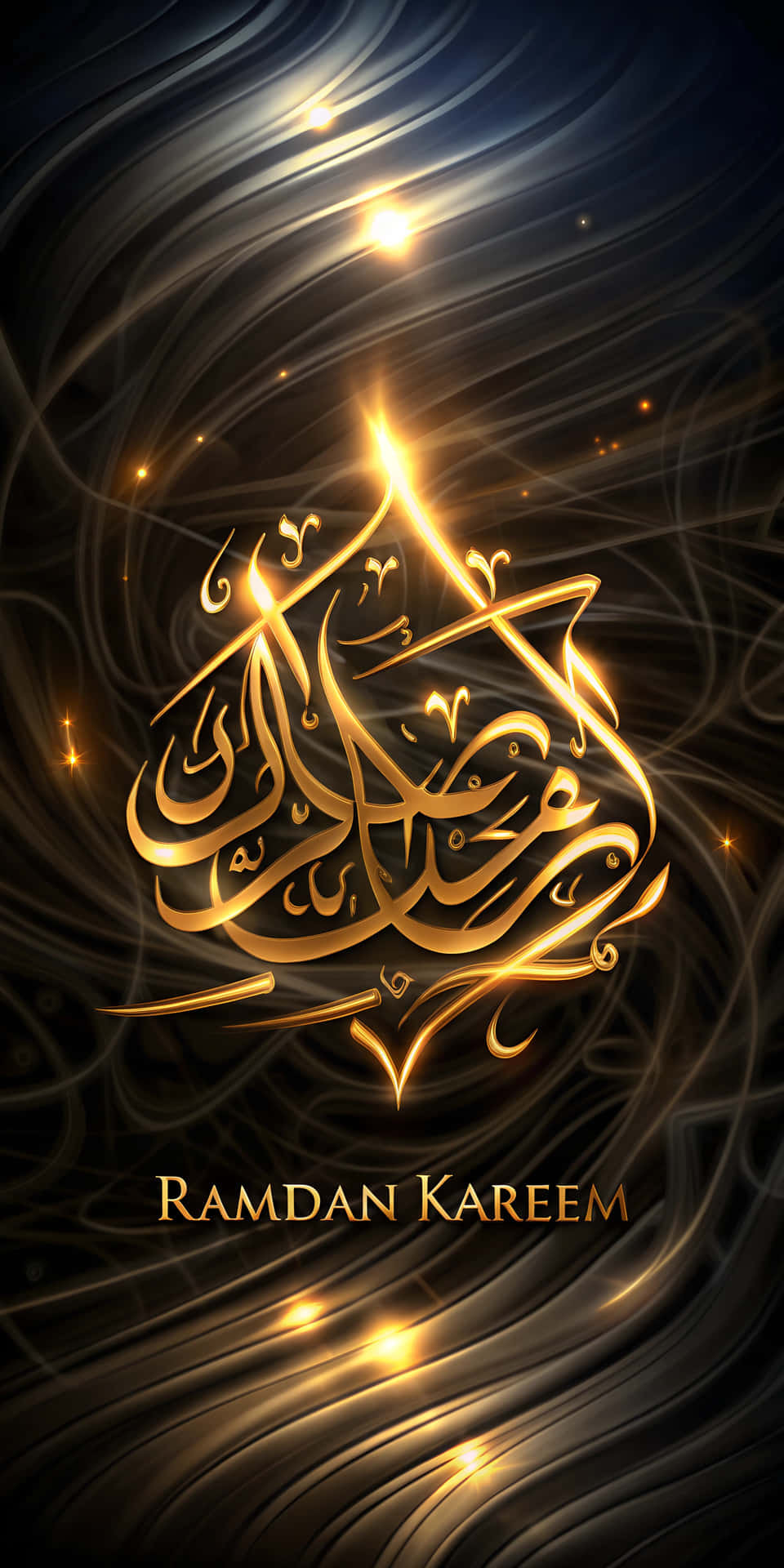Elegant Golden Arabic Calligraphy of "Ramadan Kareem" on a Black Textured Background 壁紙 — 金色的阿拉伯書法「Ramadan Kareem」在旋轉的黑暗背景中閃爍著光芒，伴隨著閃爍的燈光。