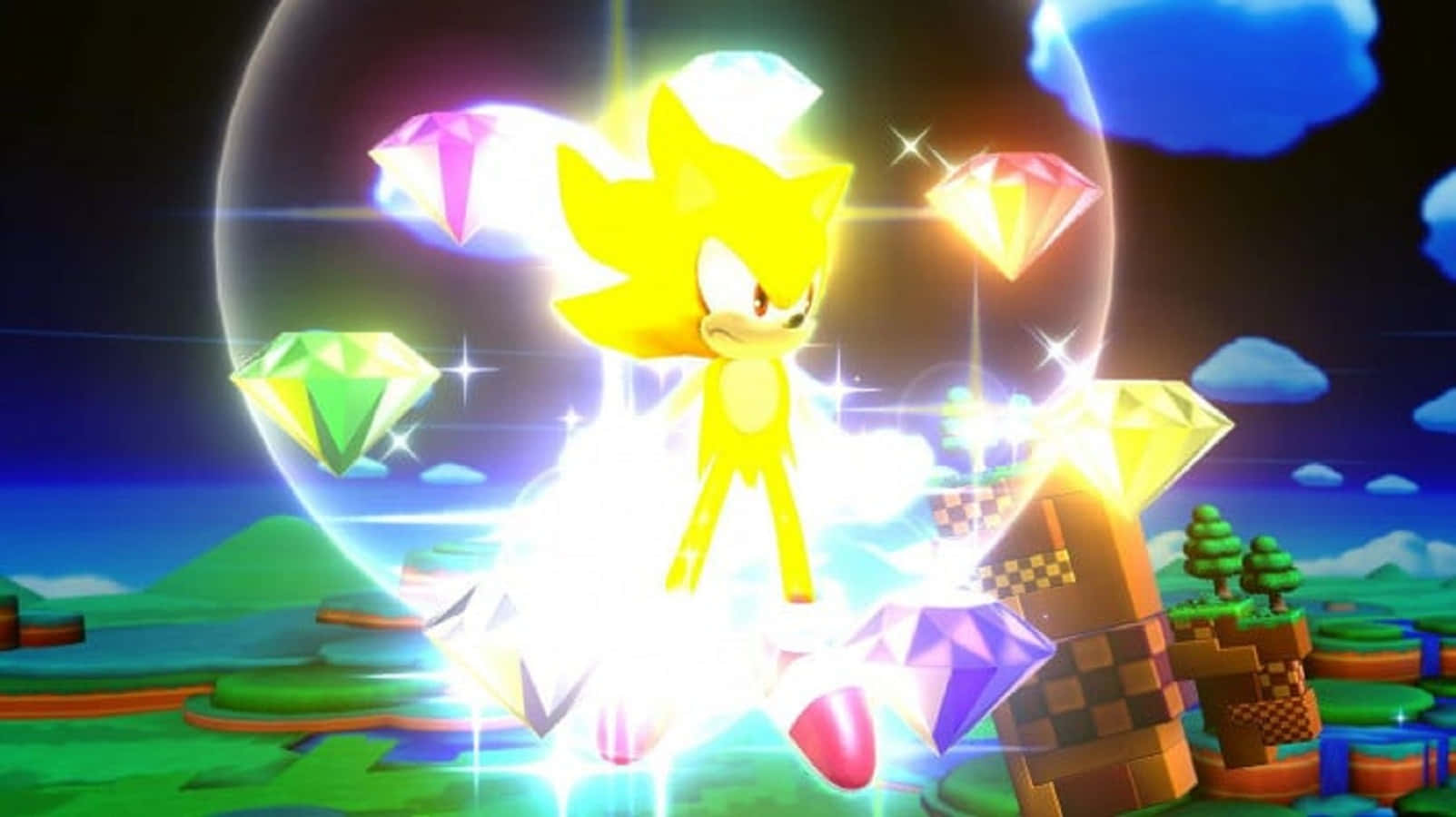 Chaos Emeralds 桌布 壁紙 — 金色的音速小子在星光燦爛的夜空下，在一個充滿活力的像素風景中，被閃閃發光的寶石包圍著，發出明亮的光芒。