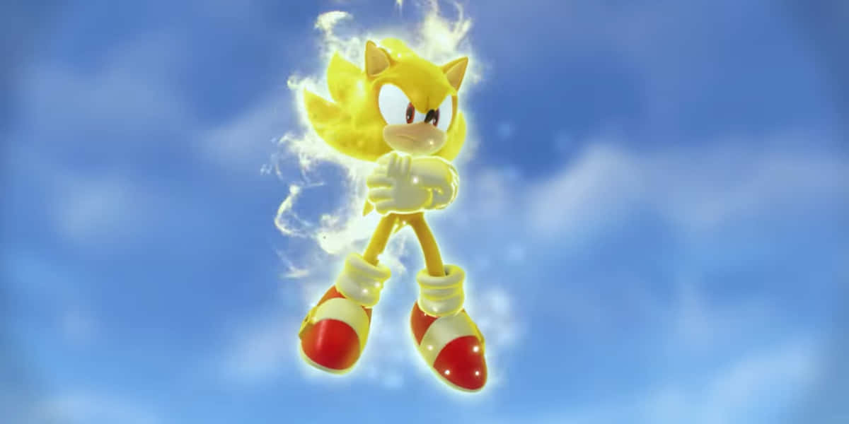 Super Sonic 桌布 壁紙 — 金色的音速小子在晴朗的藍天白雲中懸浮，散發著能量光芒。