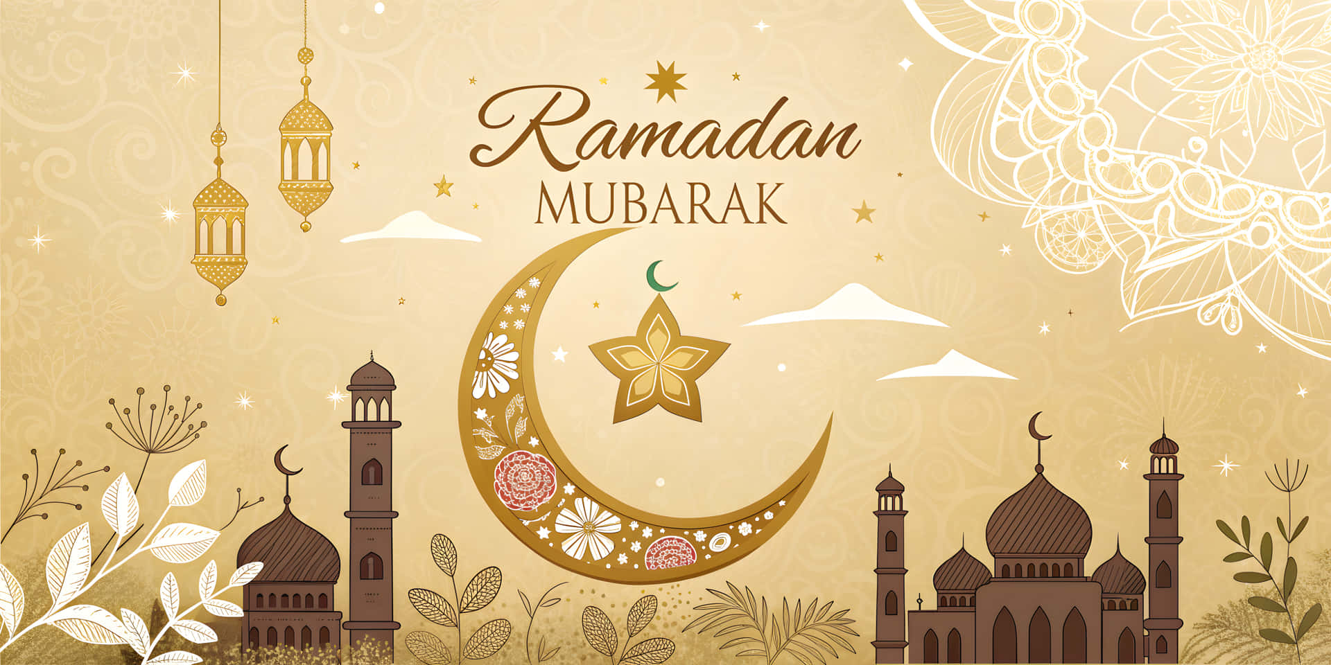 Ramadan Mobarak 壁紙 — 金色的齋戒月祝福，以新月搭配花卉圖案和懸掛燈籠，襯托清真寺剪影，背景為溫暖的米色。