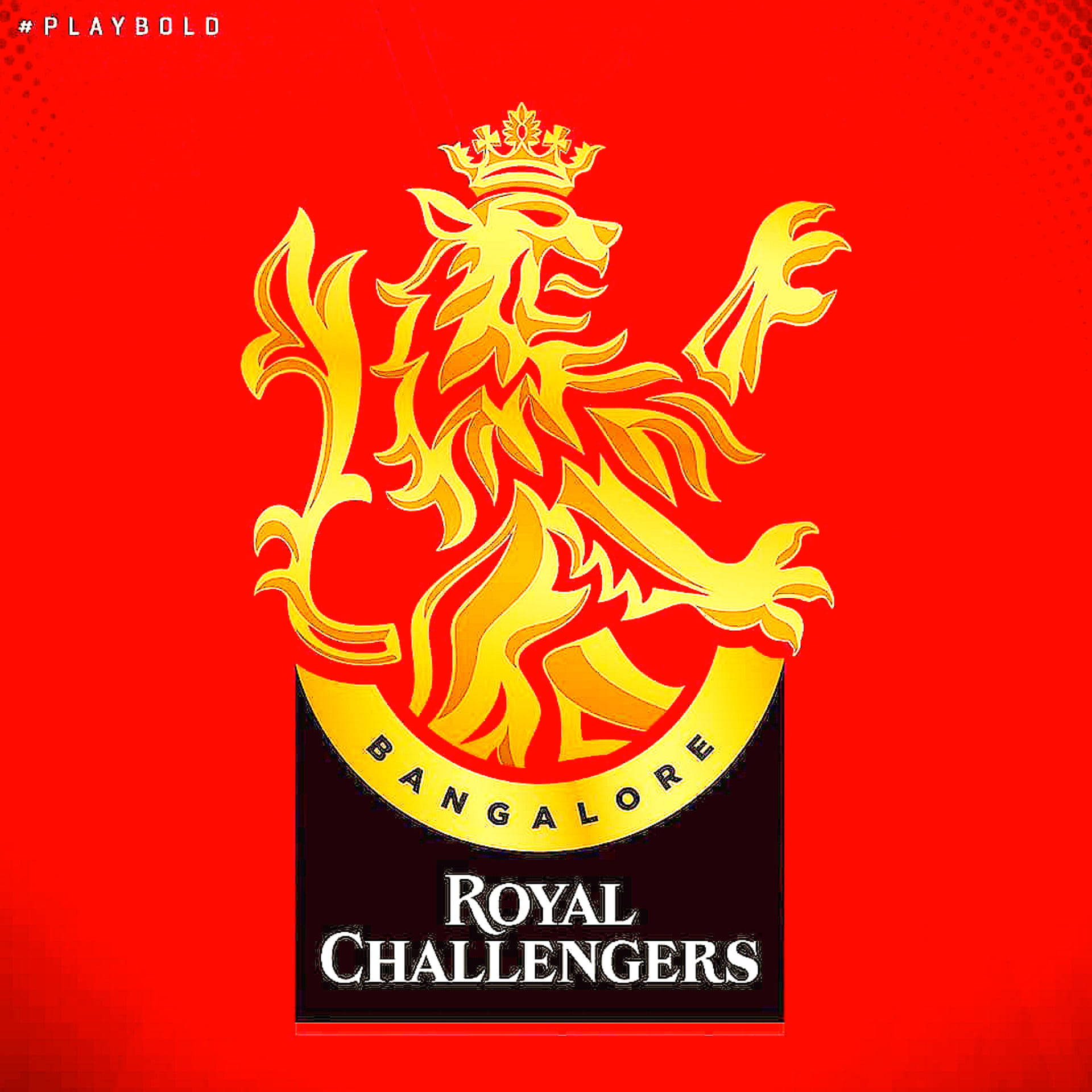 運動 桌布 壁紙 — 金色皇冠獅子標誌，帶有 'Bangalore Royal Challengers' 文字，背景為鮮紅色。