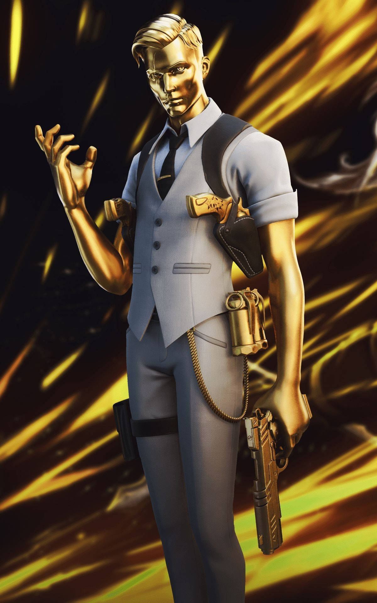Midas 桌布 壁紙 — 金色皮膚的警察穿著淺藍色制服，在動態的黃色和黑色背景前持槍。