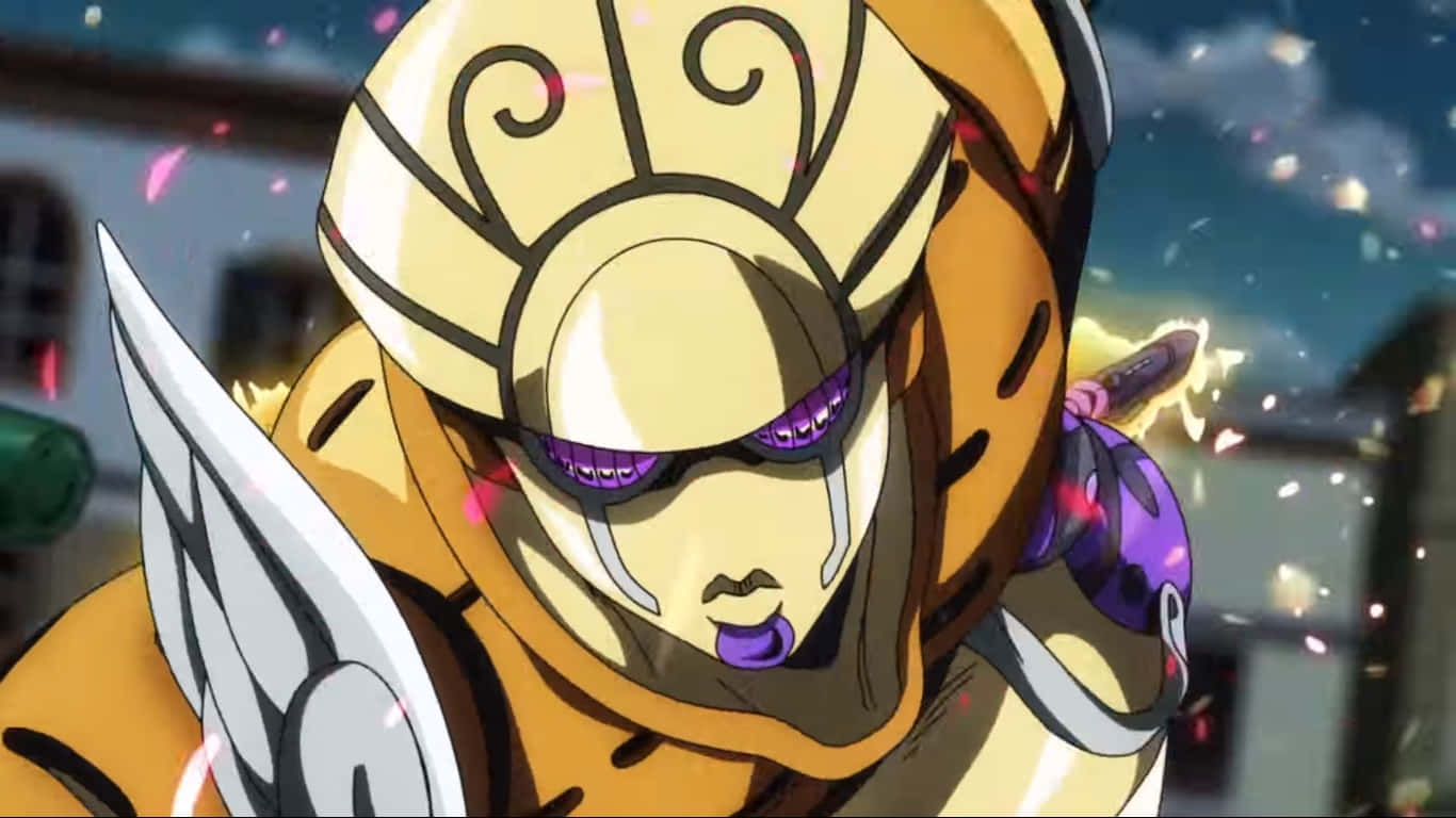 Gold Experience Jojo 桌布 壁紙 — 金色盔甲動漫角色的特寫，擁有紫色眼睛和堅定表情，身處戰鬥場景中。