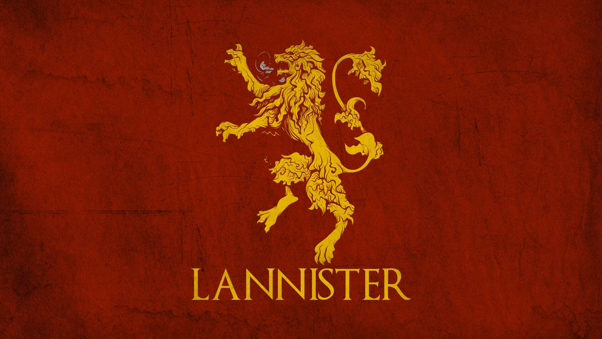 House Lannister 桌布 壁紙 — 金色直立獅子徽章，下方有「LANNISTER」字樣，背景為有紋理的深紅色。