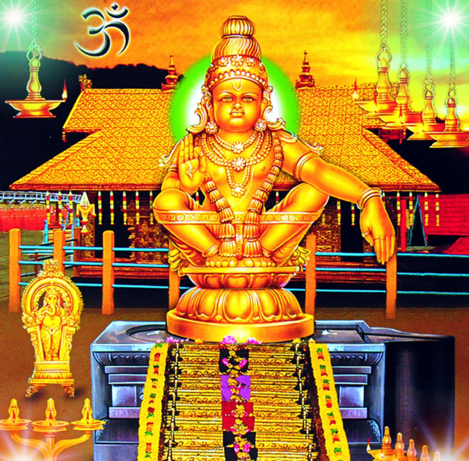 Hindu God 桌布 壁紙 — 金色神像在寺廟庭院中，於燦爛的夕陽餘暉下，安詳地坐在華麗的基座上。