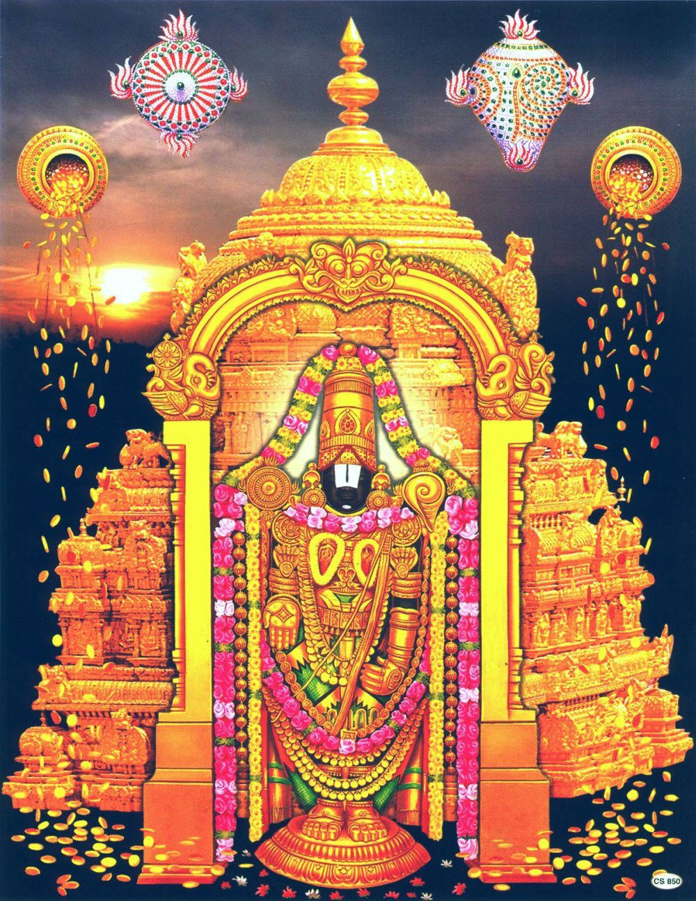 Lord Perumal 桌布 壁紙 — 金色神像飾以粉紅花朵和金飾，在日落時分立於華麗寺廟門口，伴有裝飾燈光和飄落的硬幣。