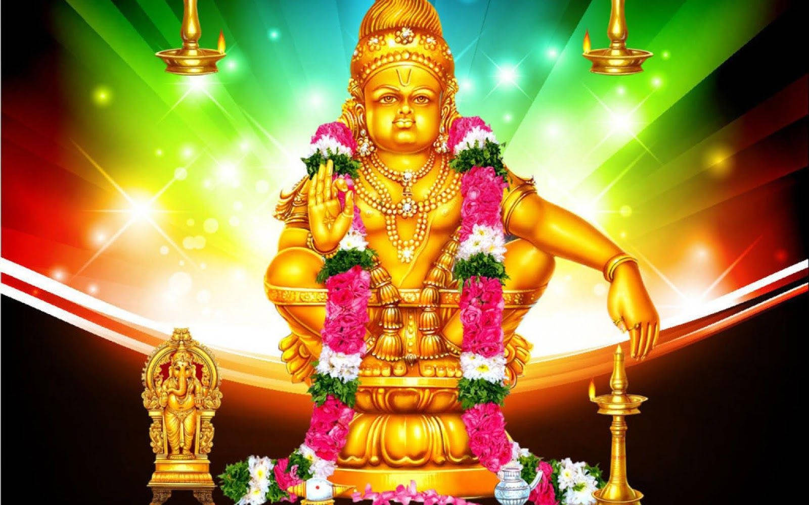 Ayyappa 桌布 壁紙 — 金色神祇裝飾著粉紅和白色花朵，威嚴地坐在燦爛彩虹漸變背景前，伴隨著發光的燈籠。