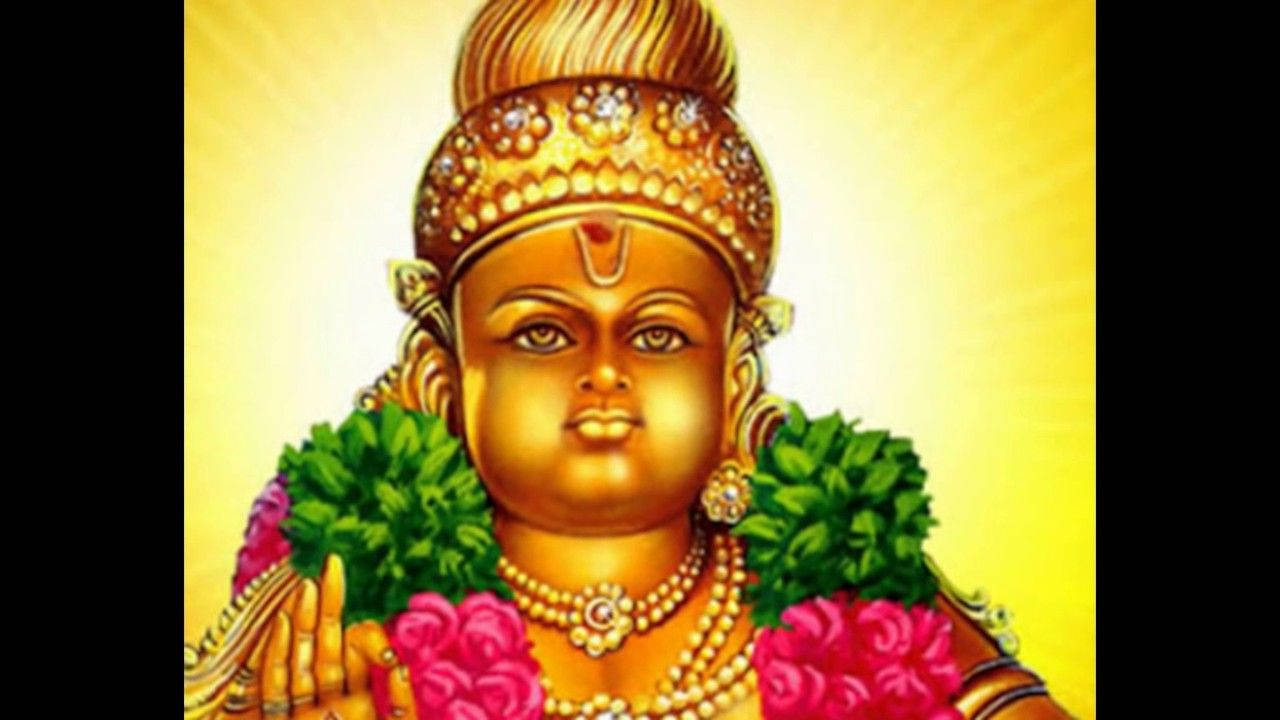 Ayyappa 桌布 壁紙 — 金色神祇裝飾著鑲有寶石的王冠、花環和發光的光環，在發光的黃色背景上。