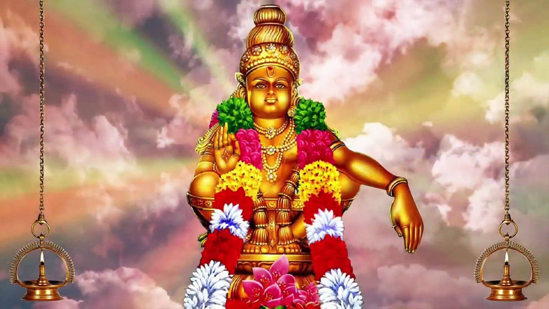 Ayyappan 桌布 壁紙 — 金色神祇裝飾著鮮豔的花環，在掛有油燈的多彩雲天下寧靜地站立。