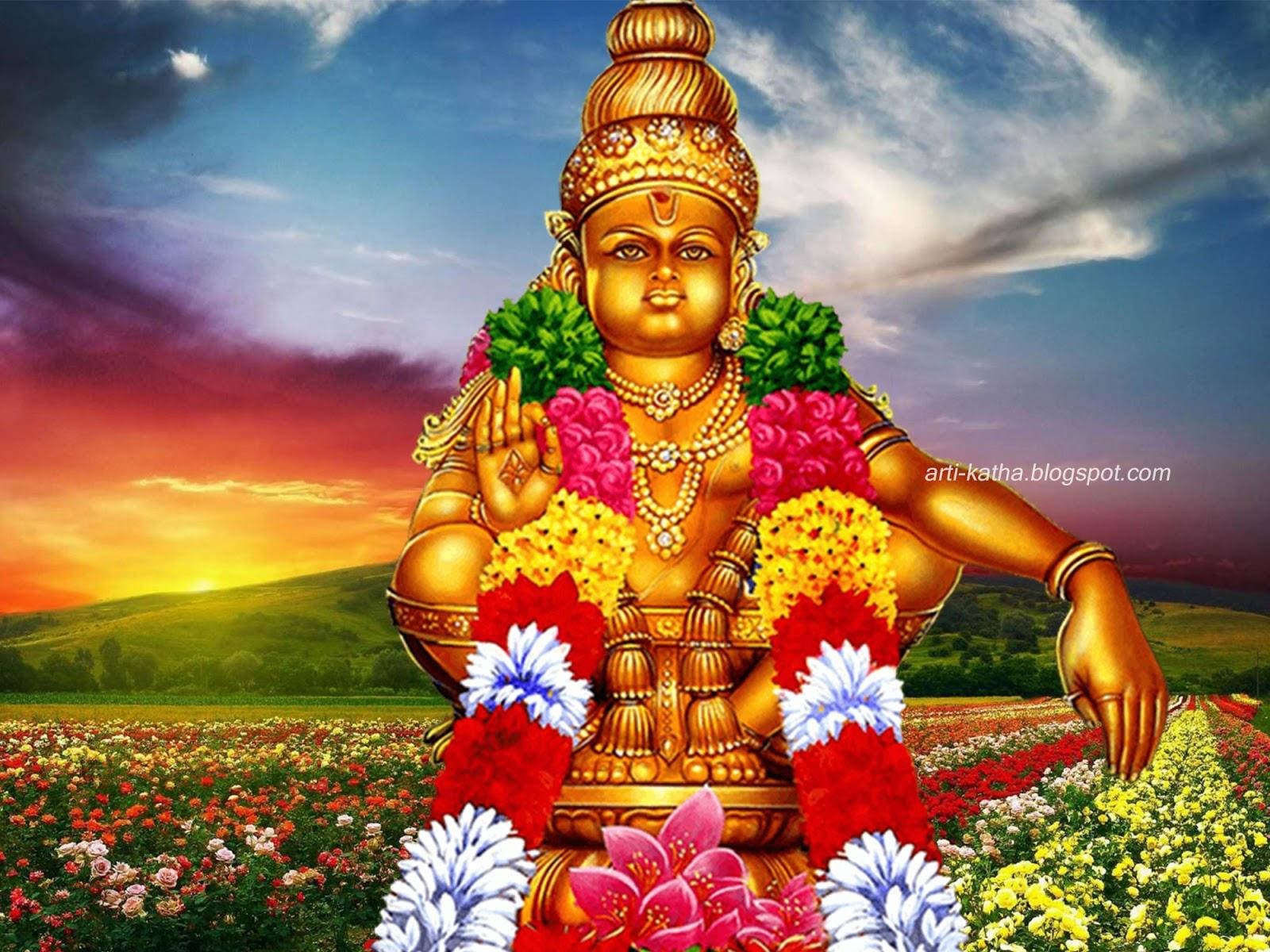 Ayyappan 桌布 壁紙 — 金色神祇裝飾著鮮豔的花環，在日落時分靜靜地站在色彩繽紛的田野中。