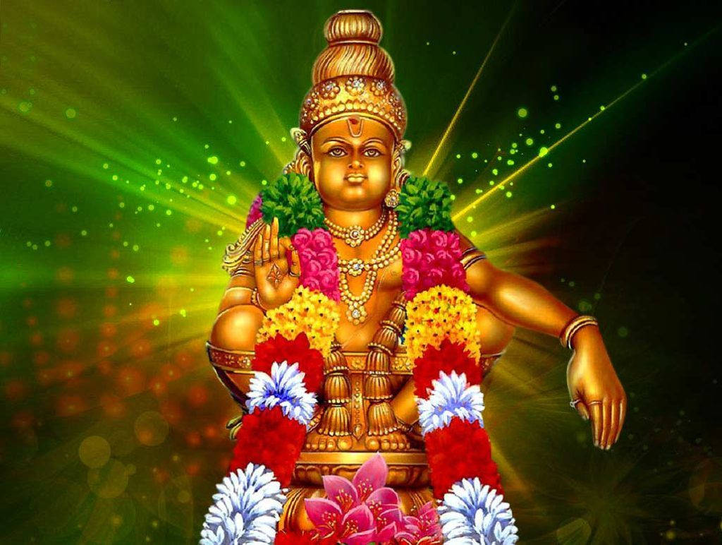 Ayyappa 桌布 壁紙 — 金色神祇裝飾著鮮豔的花環，在發光的綠色和金色背景中散發神聖光芒。