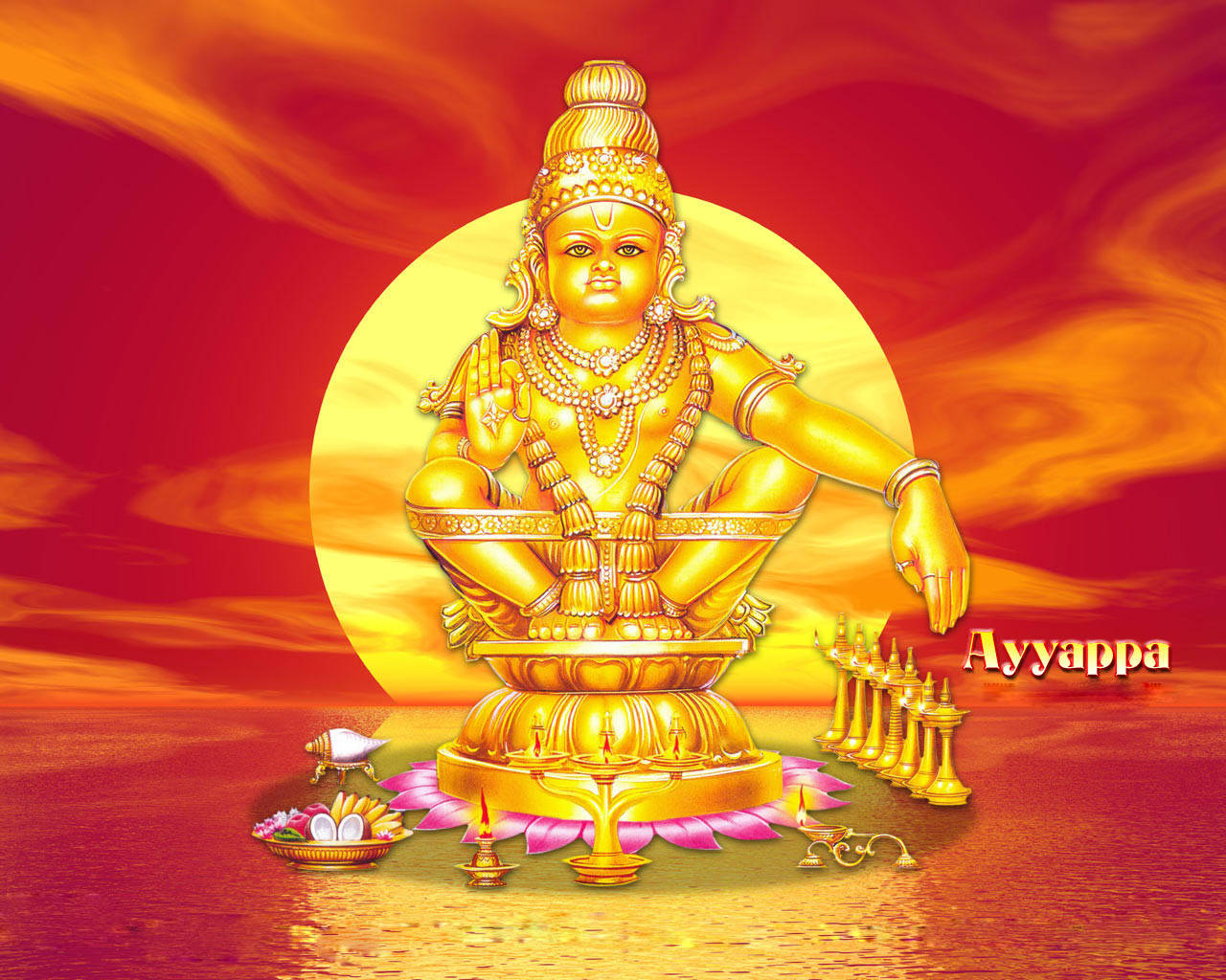 Ayyappan 桌布 壁紙 — 金色神祇阿亞帕安詳地坐在蓮花寶座上，背景是火紅的日落天空，腳邊有供品和燈盞。