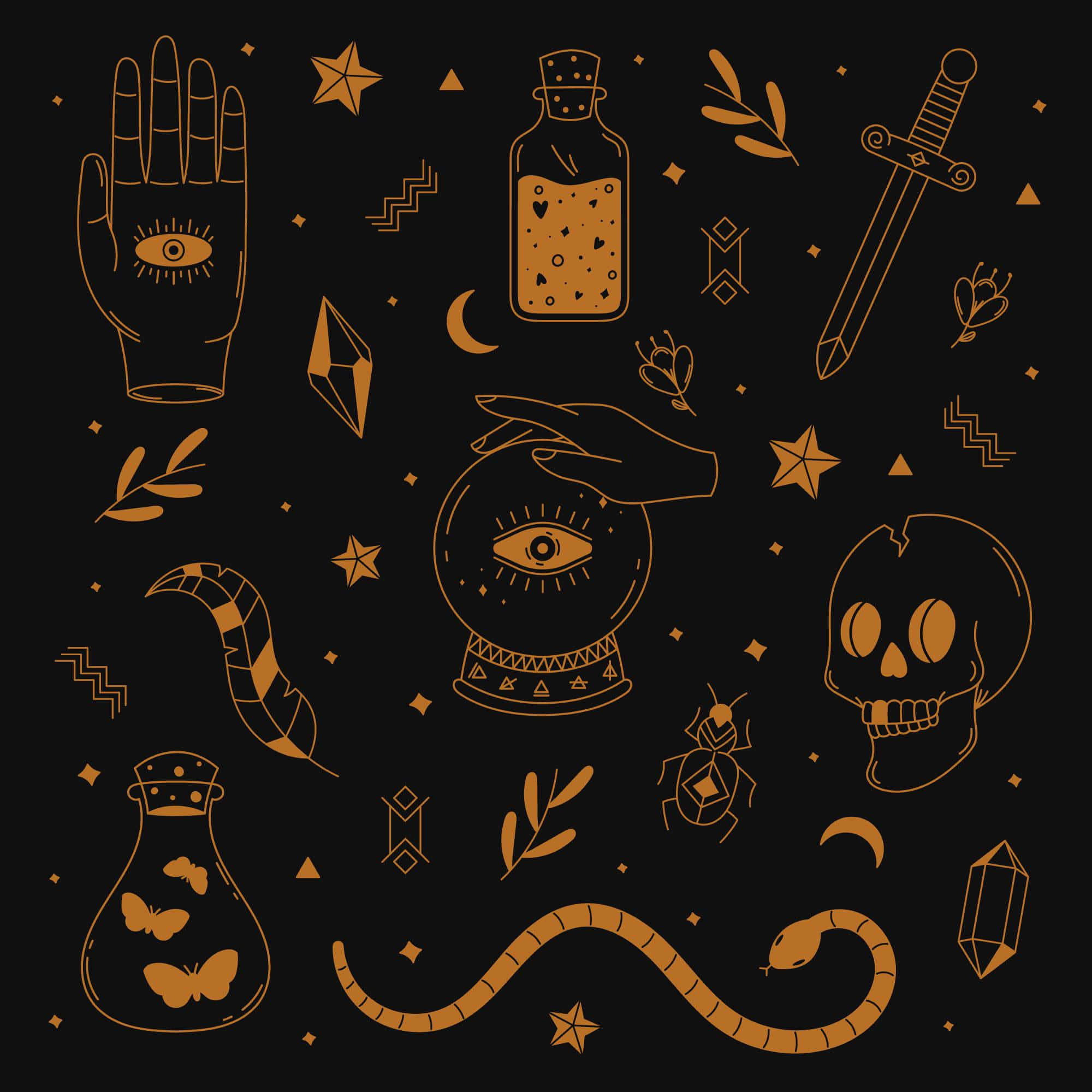 Witchy 桌布 壁紙 — 金色神秘符號如眼睛、頭骨和蛇在黑色背景上漂浮，形成神秘圖案。