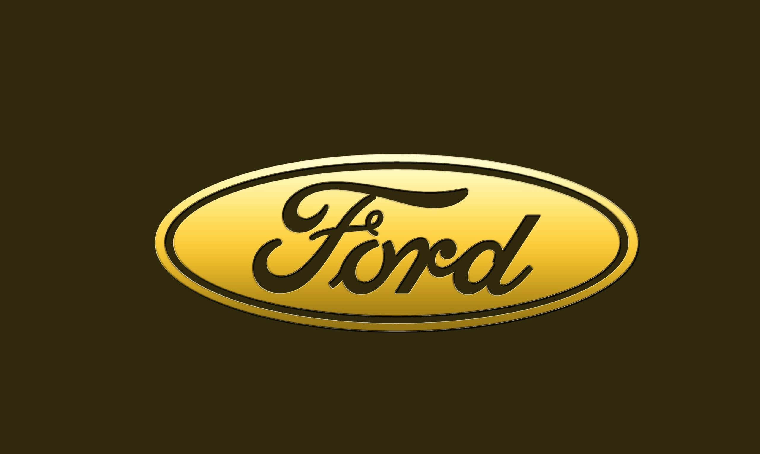 Ford Logo 桌布 壁紙 — 金色福特標誌，黑色手寫字體居中，置於深棕色背景上。