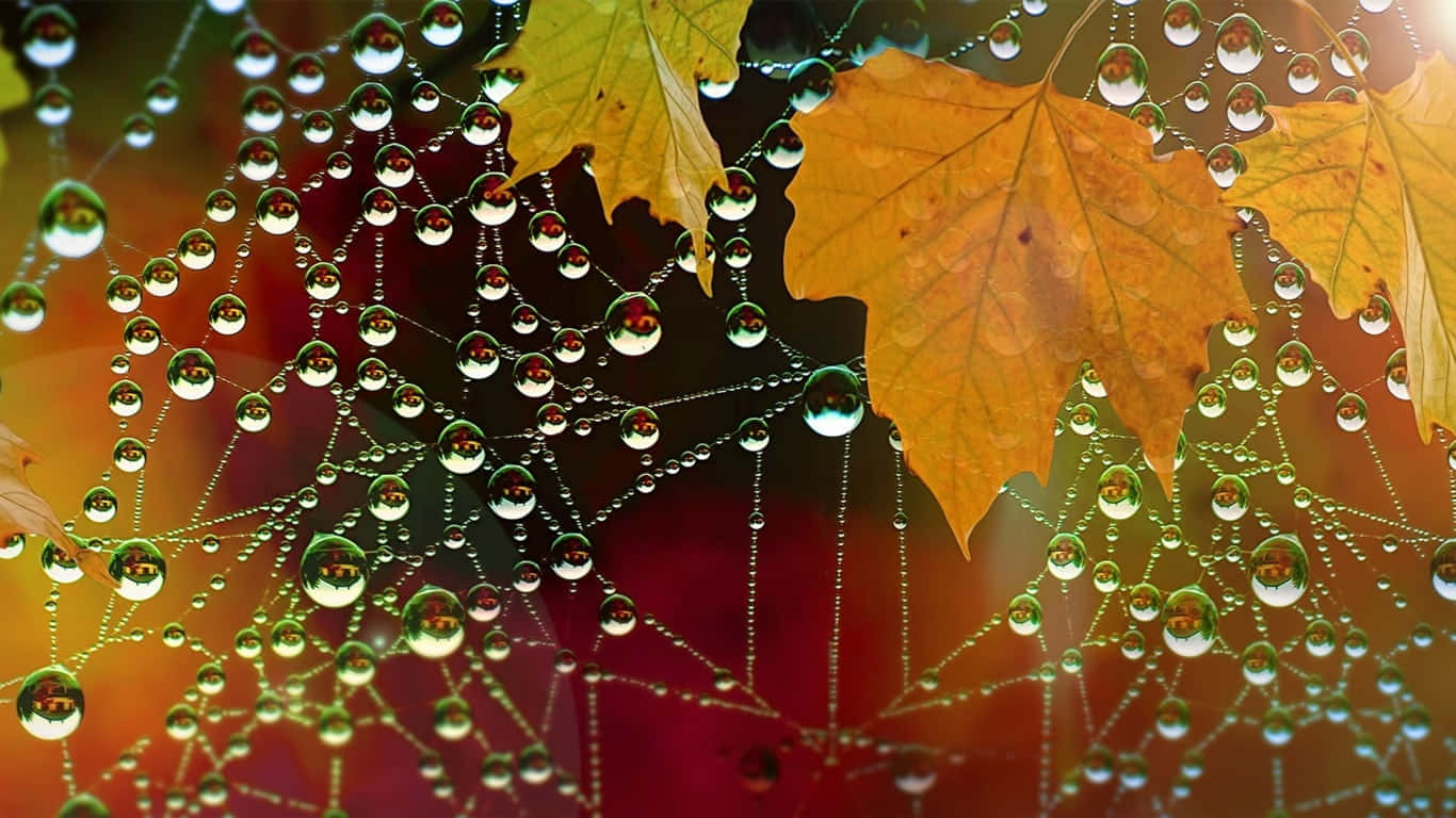 Fall Dew 桌布 壁紙 — 金色秋葉點綴著閃閃發光的露珠，在溫暖漸層背景上的一張閃亮蜘蛛網上。