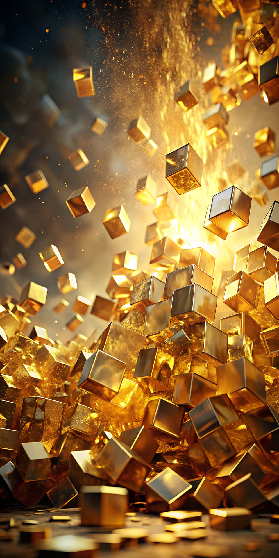Translucent Waves of Golden Light Crashing in Slow Motion with Shining Cubes 壁紙 — 金色立方體爆炸並在黑暗煙霧背景中形成燦爛的光瀑。